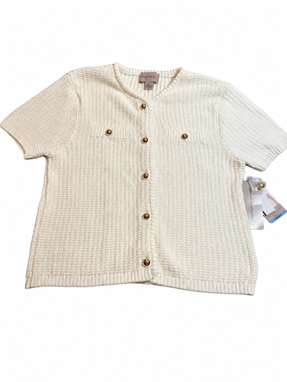 French Connection Cream Textured Knit Short Sleeve Cardigan Gold Buttons L NWT